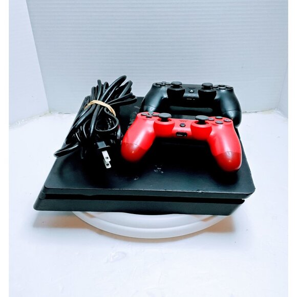 Sony PS4 Slim 1TB Console Bundle W/ Black & Red DualShock 4 Controllers & Power - Picture 1 of 11